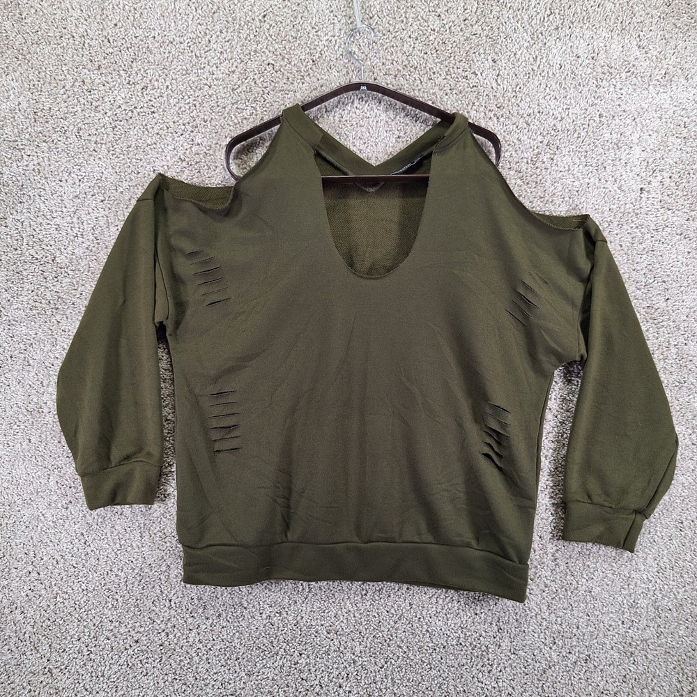 Yoins Your Inspiration Sweatshirt Women's XL Olive Overlay Cold Shoulder Sleeve